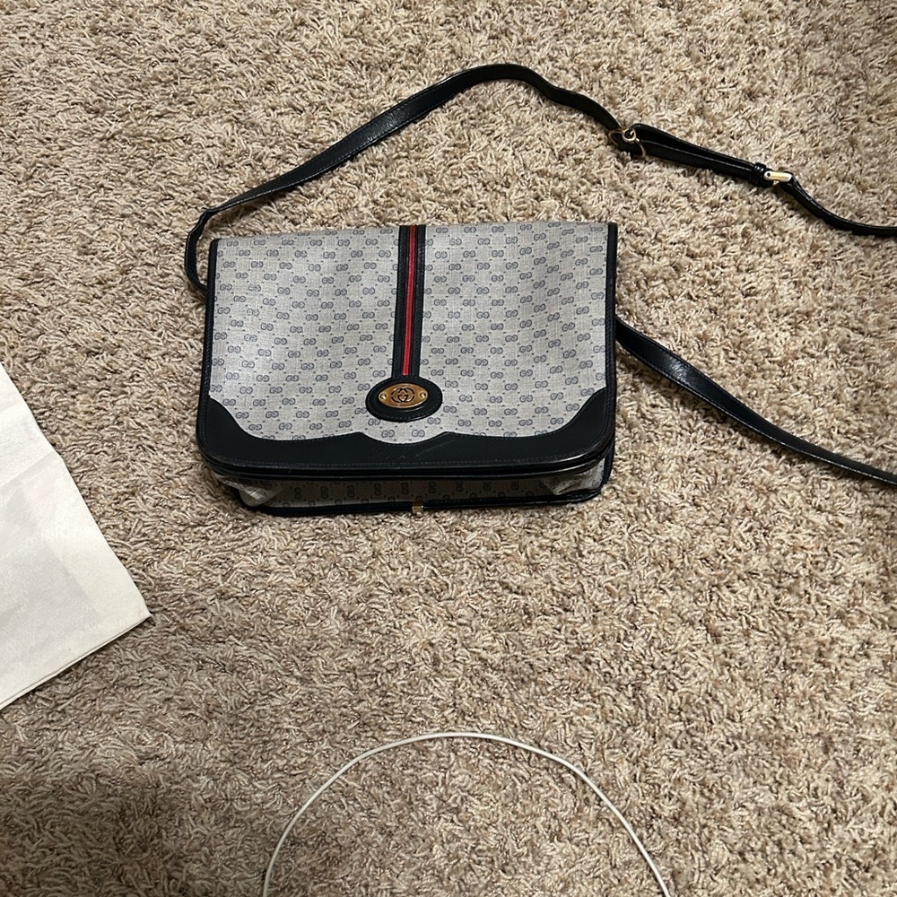 Gucci Blue Gray Canvas Crossbody with Black Trim and Red Stripe